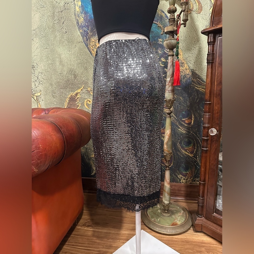 NWT ZARA STRECH PENCIL  SILVER METALLIC STULE SKIRT W BLACK LACE TREAM - Picture 7 of 9